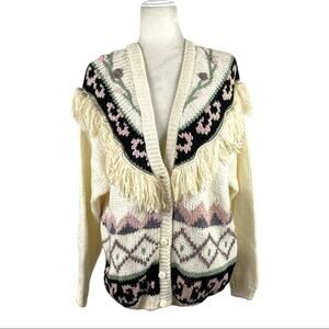 VTG Maggie Lawrence Fringed Knit Cardigan Women’s 80s Floral Pattern Size 18/20